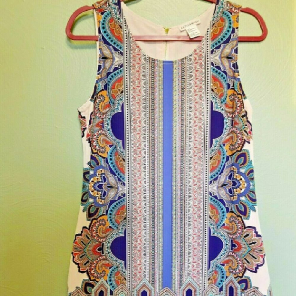 ARTISAN NY Sleeveless Lined Tunic Paisley Moroccan Print Short Dress Women's 6